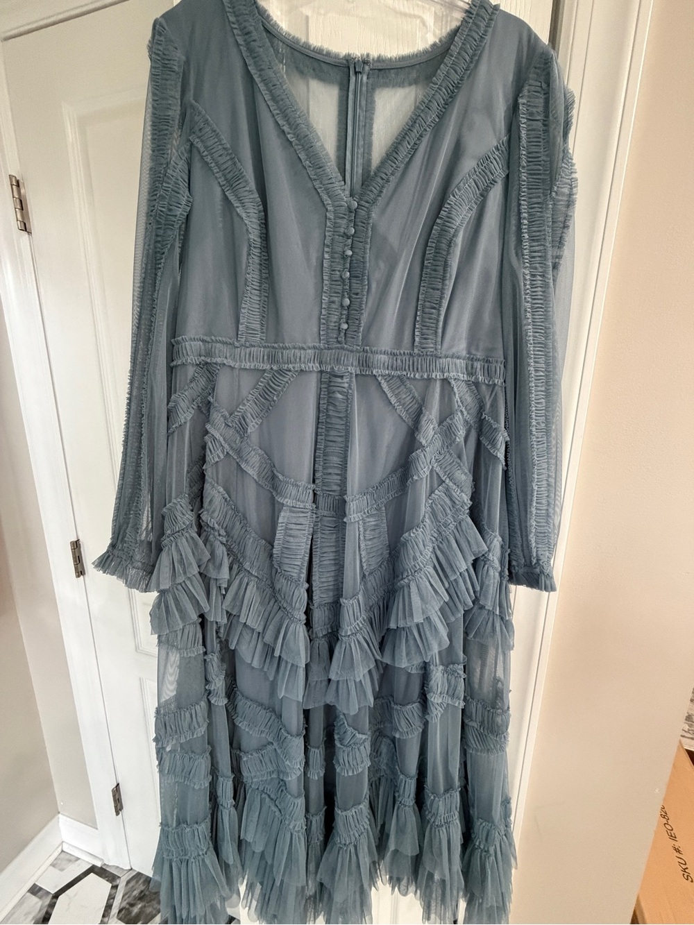 Mac Duggal Dusty Blue Ruffle Tiered V-Neck Dress